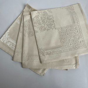 Vintage Tablecloth Dining Satin Creme Damask Square Cloth Napkins 15.5” Set of 4